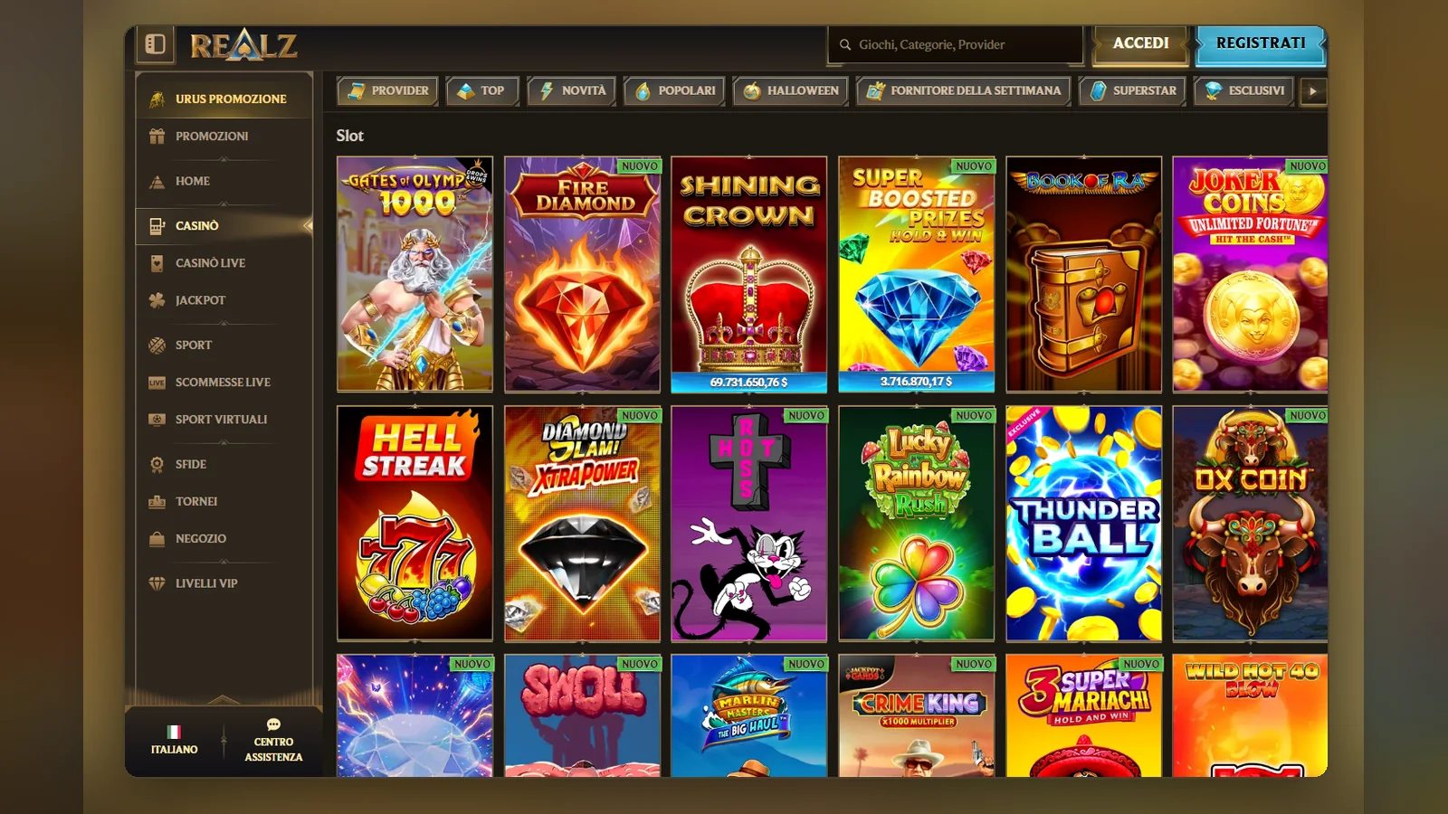 La pagina Casinò di Realz con la griglia di slot e la barra dei filtri per categoria