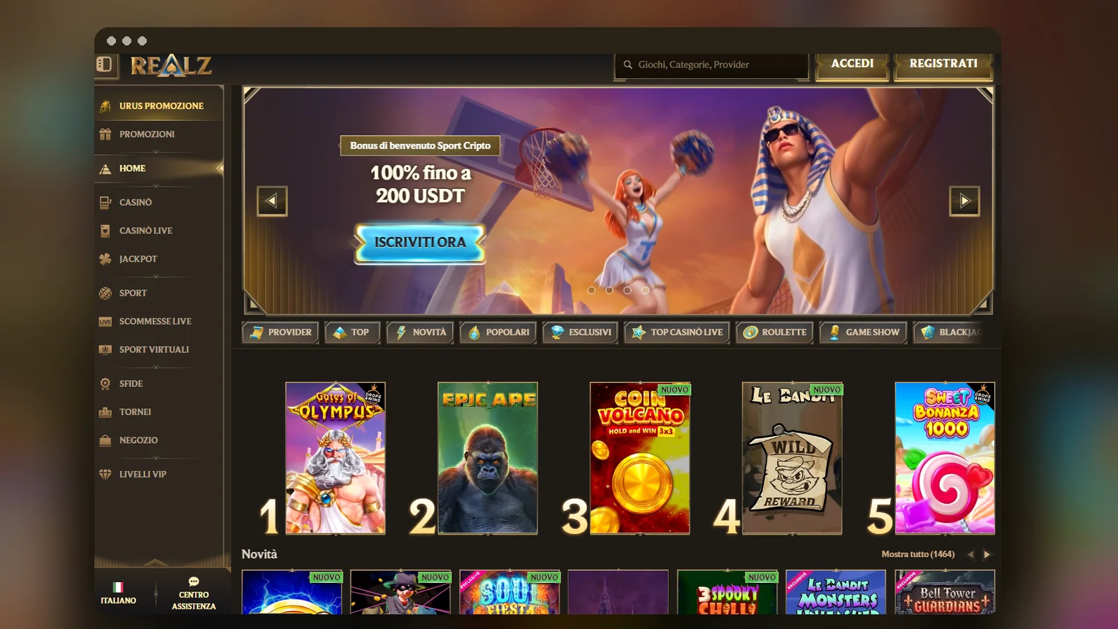 La home di Realz con il banner del bonus sport cripto, il menu laterale e la classifica dei cinque giochi Top